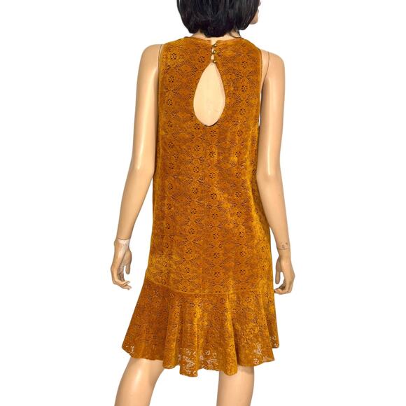 Boho Velvet Lace Dress Anthropologie Maeve Amis 12 Copper Drop Waist Flounced - Picture 6 of 15